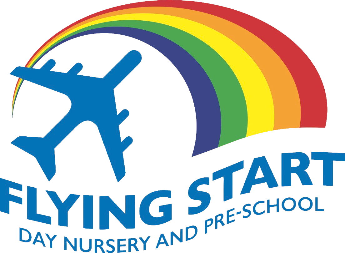 Flying Start Day Nursery and Pre School logo featuring a blue aeroplane flying beneath a rainbow.